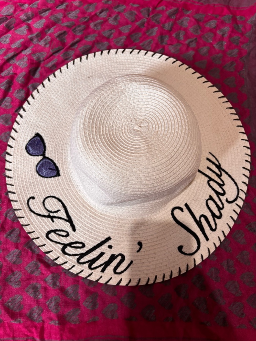 BCBG Wide Brim Straw Sun Hat with Sunglasses Embroidery